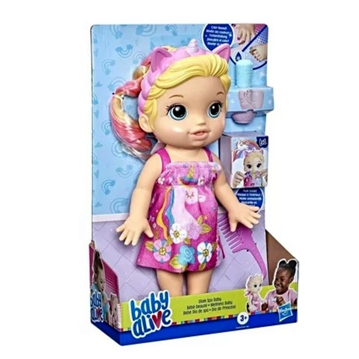 Baby Alive Glam Spa Bambola Sirena 32 Cm – Trucco Mani-Pedi Color Reveal, Capelli Viola, Giocattolo Acquatico