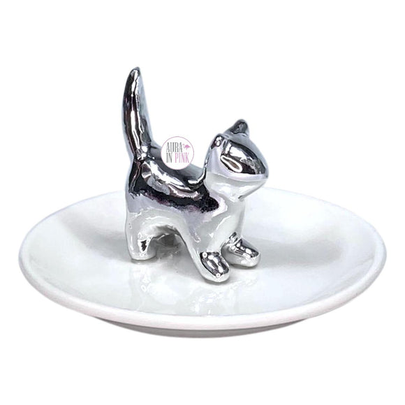 Isaac Jacobs Chrome Silver Cat Ivory Ceramic Jewelry Trinket Dish Tray