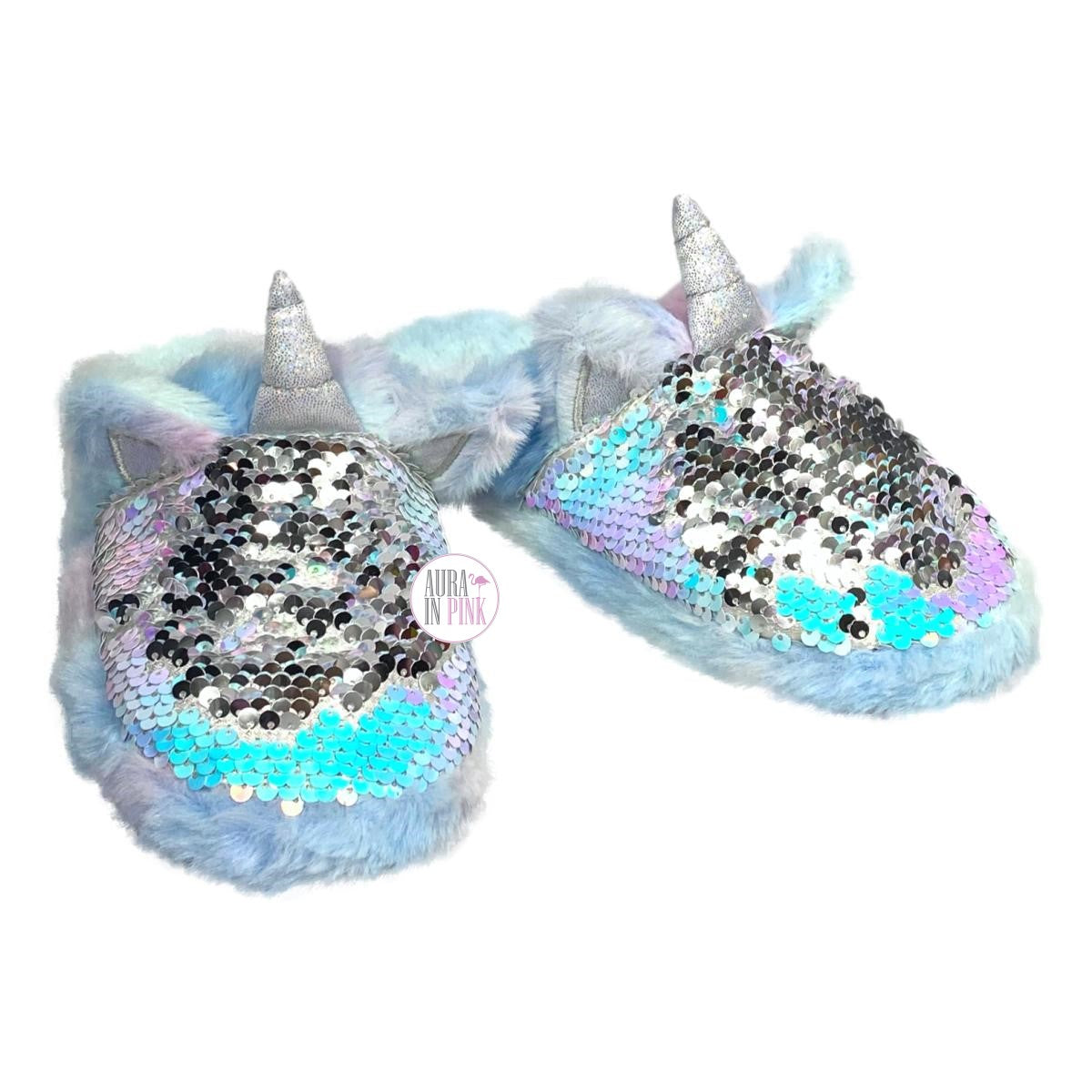 L2D Love Design From Aeropostale Girls Unicorn Cotton Candy Rainbow Iridescent Flip-Sequin Slippers
