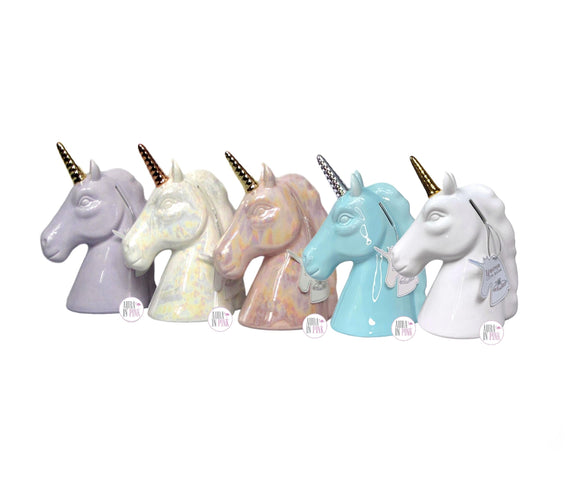 Beriwinkle Unicorn Ceramic Coin Banks - Glossy White Dream Big, Baby Blue, Iridescent Pink, Iridescent White, Lilac One Of A Kind