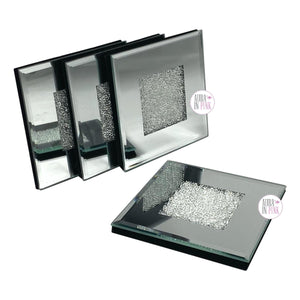 Bread & Butter Silver Diamond Bling Mirrored Glass 4-Piece Coaster Sets - Square & Double Square