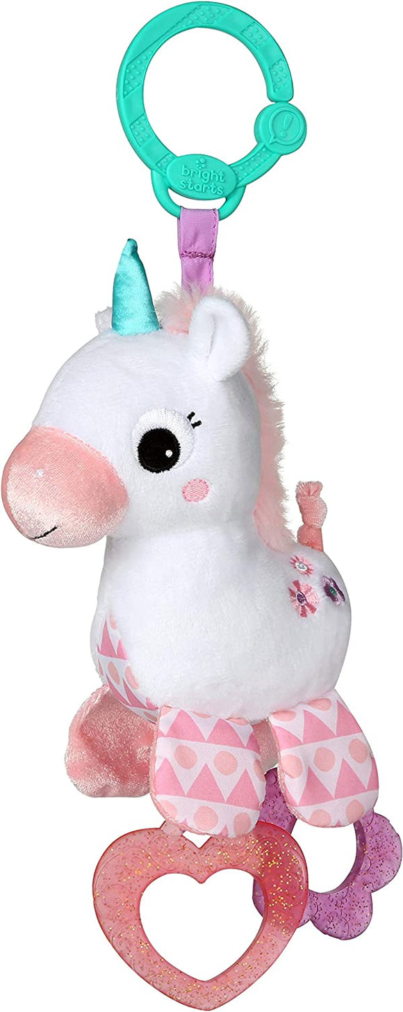 Bright Starts Sparkle & Shine Unicorn On-The-Go Rattle Teether Plush Dangle Clip Baby Toy - Aura In Pink Inc.