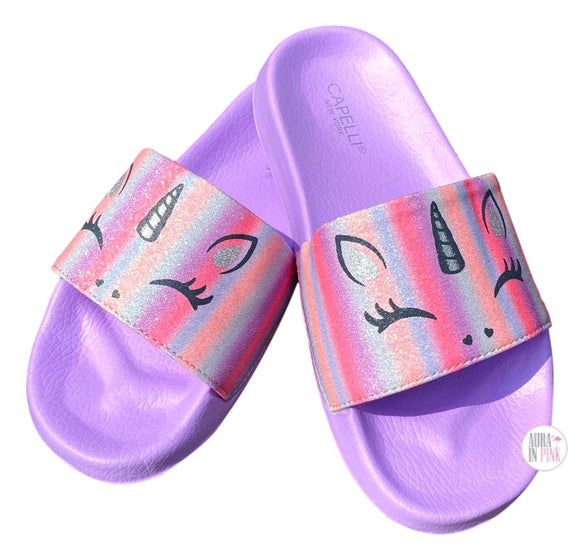 Capelli New York Girls Lavender Rainbow Glitter Unicorn Slides Sandals Shoes - Aura In Pink Inc.