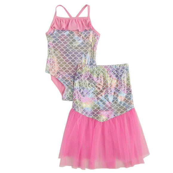 Floatmini Ruffle Top Pink Metallic Rainbow Scales Mermaid Tail Skirt Girls Bathing Suit - Aura In Pink Inc.