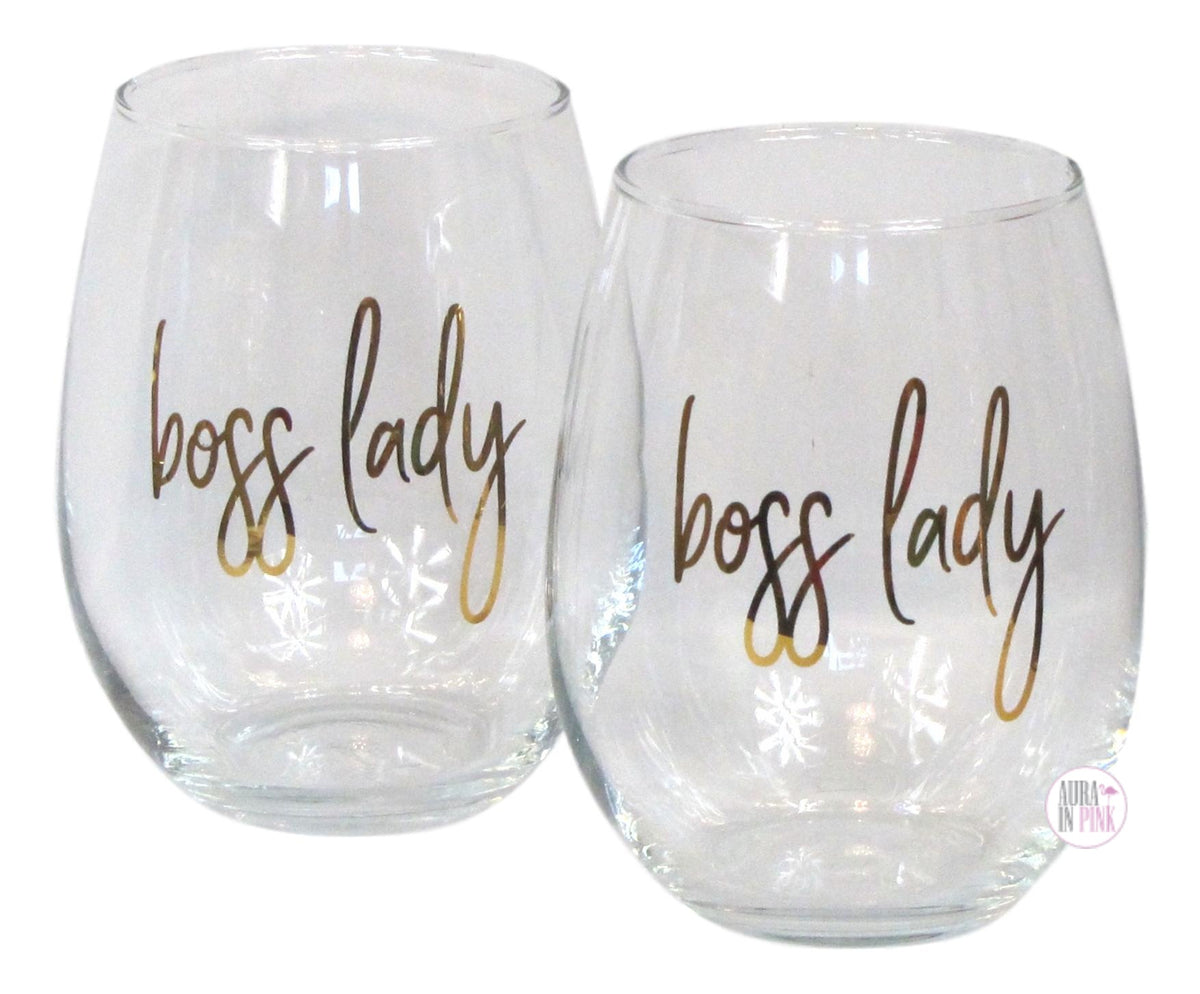 Harman Gold Script Boss Lady Stemless Wine Glasses Boxed Set of 2 Aura In Pink Inc.