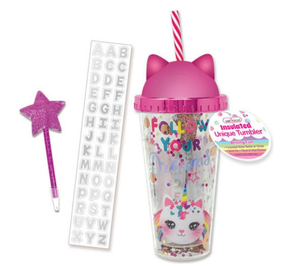 Hot Focus Caticorn Follow Your Dreams Insulated Confetti Glitter Tumbler - Writing Fun - Aura In Pink Inc.