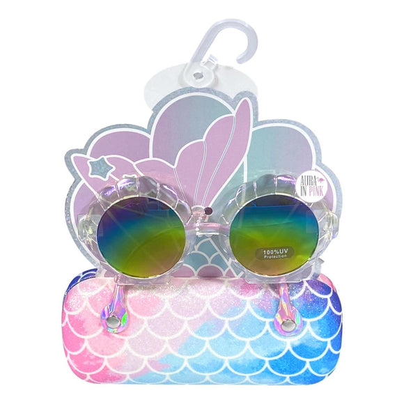 Iridescent Seashell Sunglasses & Iridescent Glitter Pastel Mermaid Scales Case Set