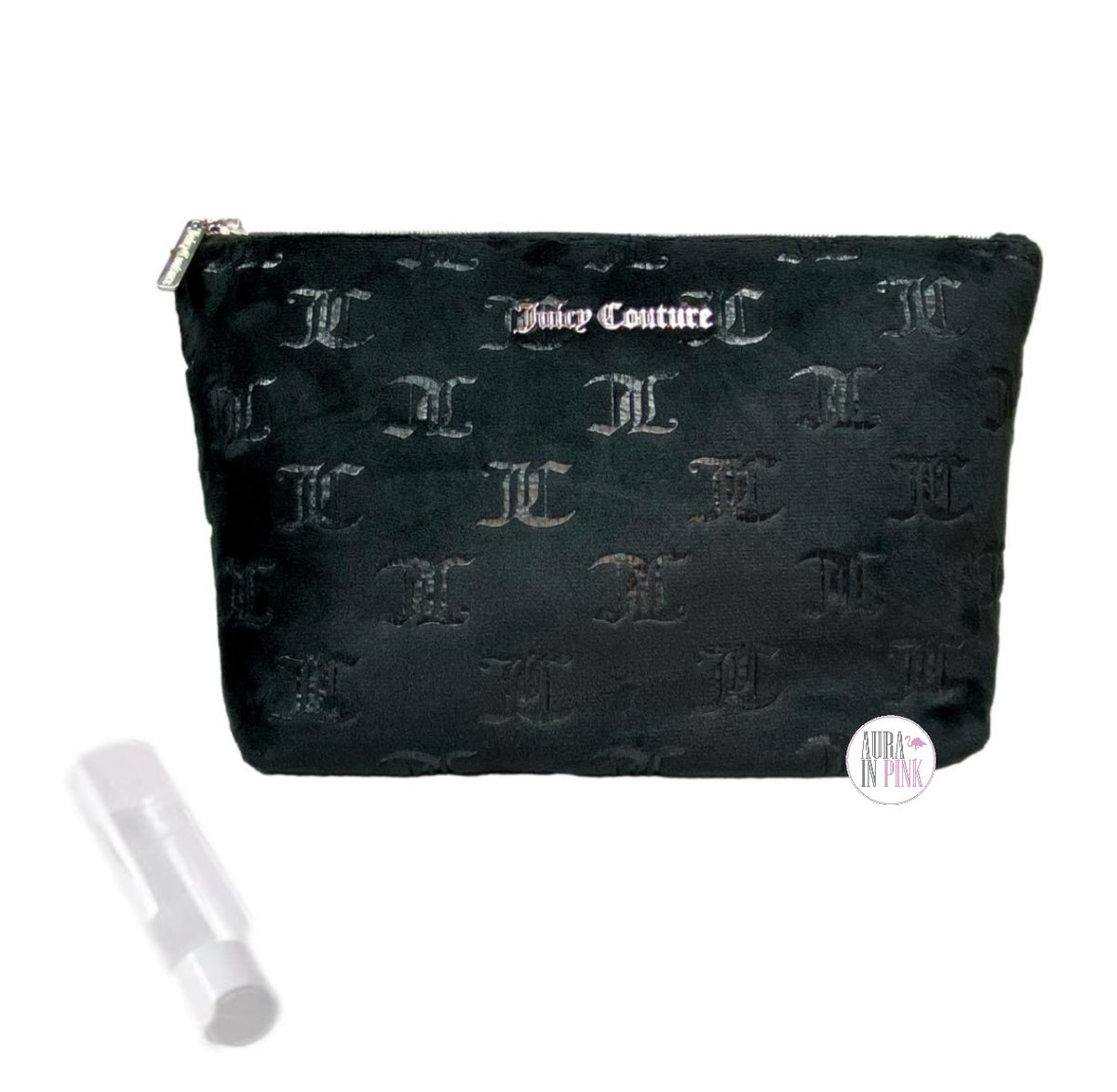 Juicy Couture Black Velour Monogram Wedge Zip Travel Cosmetic Bag w/To –  Aura In Pink Inc.