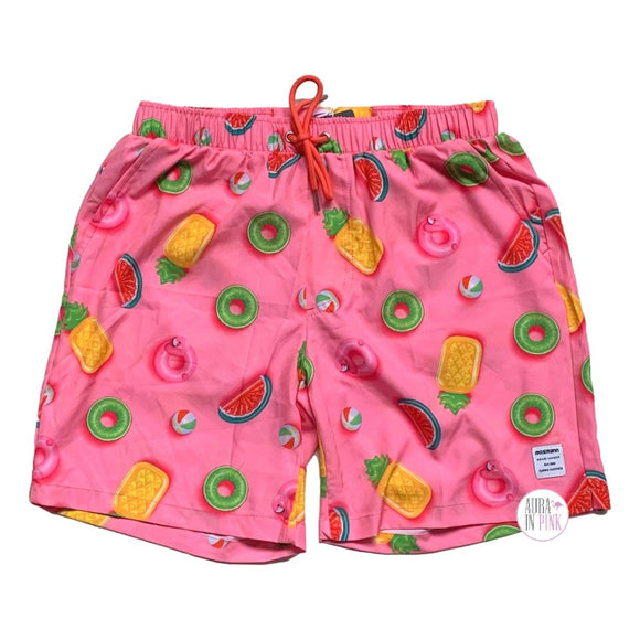 Mosmann Australia Pink Flamingo Pineapple Watermelon Lime Pool Floaties Pink Drawstring Waist Lined Men's Swim Trunks Shorts