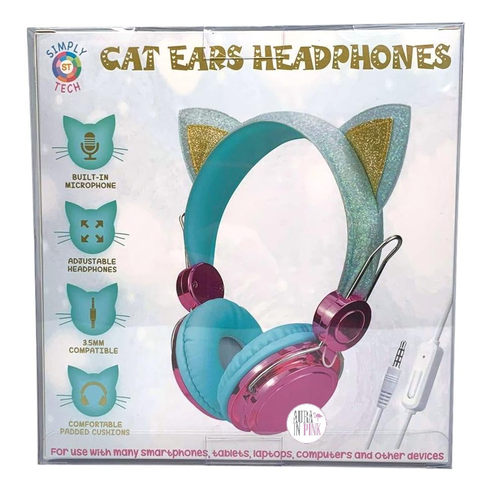 Simply Tech Aqua Glitter & Purple Chrome Cat Ears Headphones w/Microph