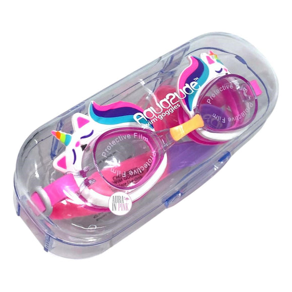Aqua2ude Pink Rainbow Caticorn Kids Swim Goggles w/Clear Carry Case