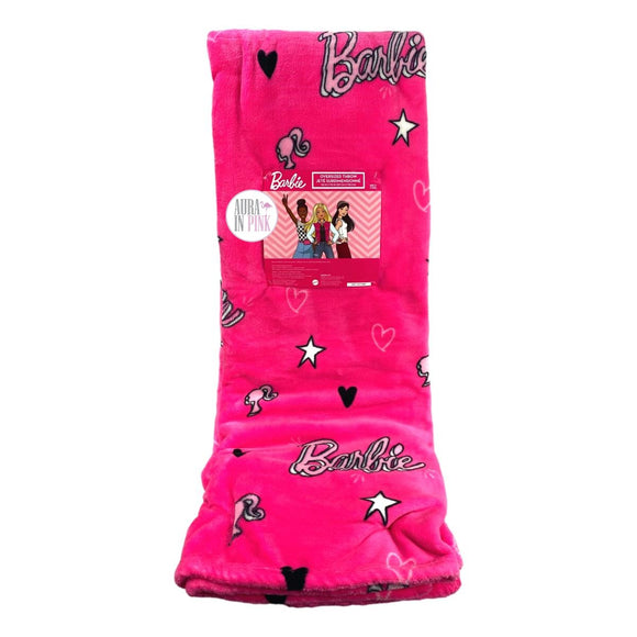 Barbie Herzen & Sterne Übergroße dekorative Überwurfdecke aus rosa Plüsch, 127 x 177 cm