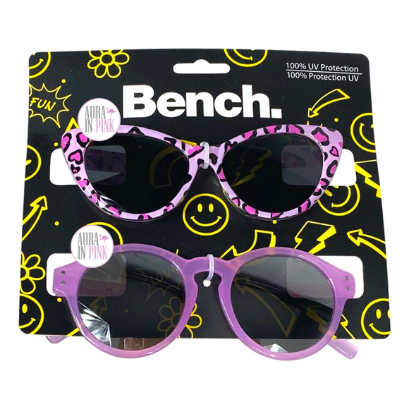 Bench Designer-Sonnenbrille für Mädchen, polarisiert, Lila, mit Herz-Leopardenmuster, Katzenaugen-Sonnenbrille, 2er-Set