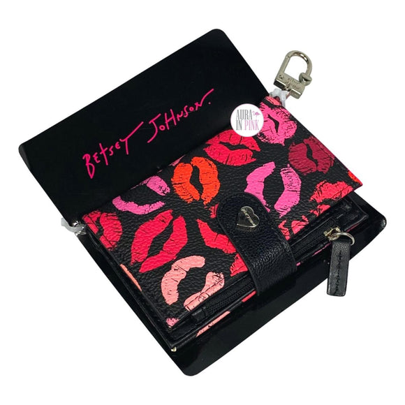 Betsey Johnson Multi-Lipstick Print Peggable Card Case Wallet w/Clip