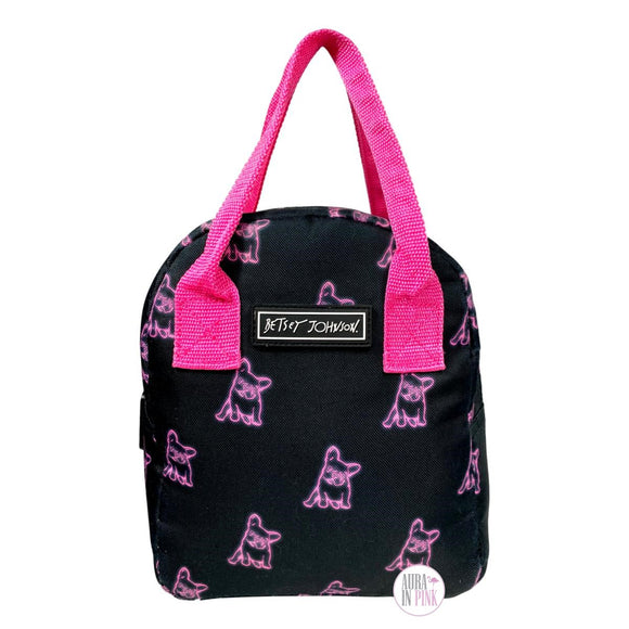 Betsey Johnson Neon Pink Frenchie French Bulldog Black Insulated Satchel XL Lunch Tote Bag