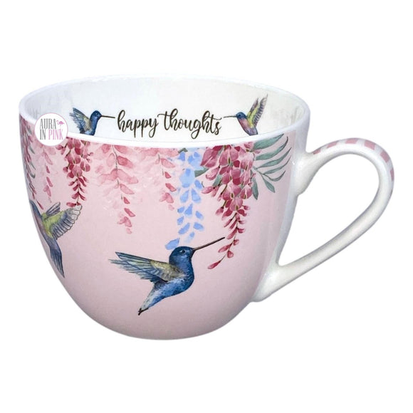 Bluebird And Willow Studio Kaffeetasse „Happy Thoughts“ aus Knochenporzellan mit Kolibris und Blumenmuster, Rosa/Weiß