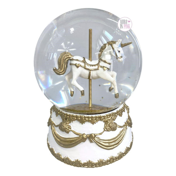 Carousel Unicorn Gold Glitter Glass Musical Snow Globe w/Gold Ribbon White Base - Somewhere Over The Rainbow