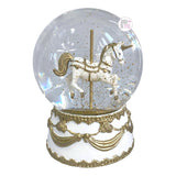 Carousel Unicorn Gold Glitter Glass Musical Snow Globe w/Gold Ribbon White Base - Somewhere Over The Rainbow