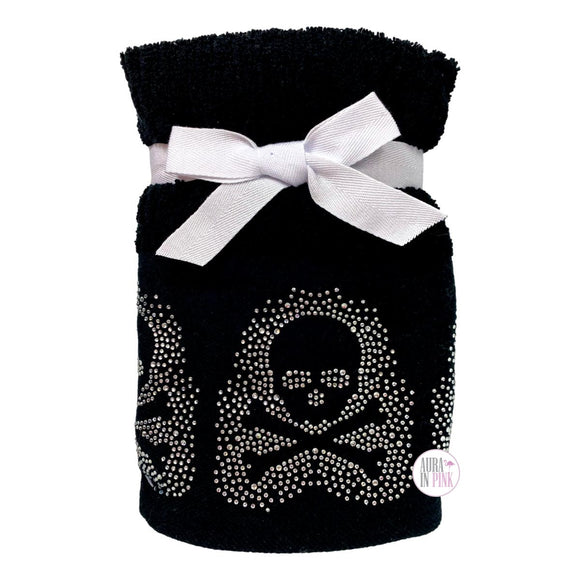 Casaba Crystal Diamond Bling Skull & Crossbones Black 2-Pc Hand Towel Set