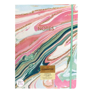 Clementine Paper Pink & Green Watercolor Swirl Metallic Gold Speckled Padfolio w/Ruled Notepad