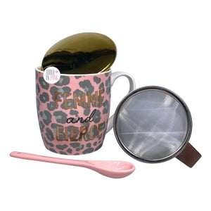 Coco + Lola Premium Collection Femme And Fierce Pink Leopard Print Fine Porcelain Mug w/Spoon & Tea Diffuser 3-Piece Set