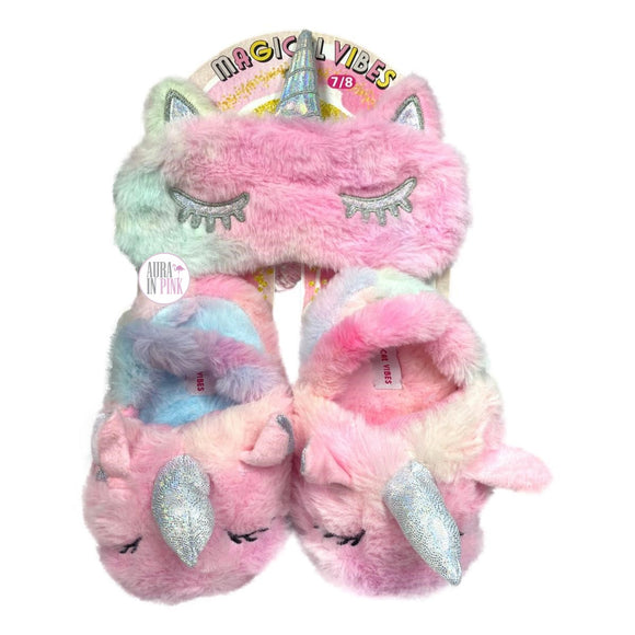 Danbar Global Magical Vibes Cotton Candy Faux Fur Plush Unicorn Sleep Mask & Slippers Set Girls 7-8