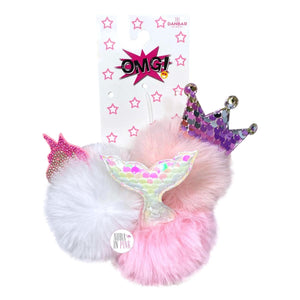 Danbar Global OMG Glam Bling Crown, Unicorn & Mermaid Tail Faux Fur Pom Pom Hair Elastics Set