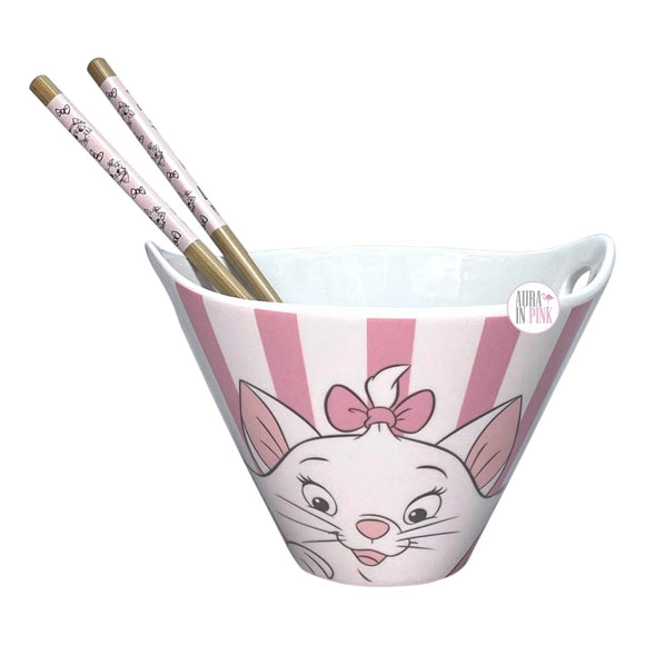 Disney Aristocats Marie Set aus rosa und weiß gestreifter Ramen-Nudelschüssel und Essstäbchen aus Keramik