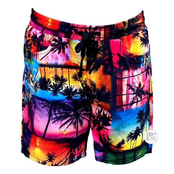 Drill Clothing Co. Good Vibes Rainbow Sunset Palm Trees Printed Men's Swim Trunk Shorts