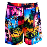 Drill Clothing Co. Good Vibes Rainbow Sunset Palm Trees Printed Men's Swim Trunk Shorts