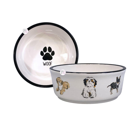 Eccolo Beth Briggs Watercolor Multi-Breed Dogs Woof White Ceramic Dog Bowl
