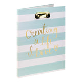 Eccolo Dayna Lee Collection Creating A Life I Love Aqua & White Striped Padfolio Clipboard w/Ruled Notepad