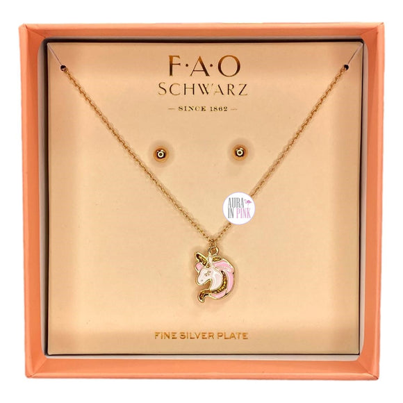 FAO Schwartz Fine Silver Plated Gold Enamel Unicorn Pendant & Stud Earrings Set