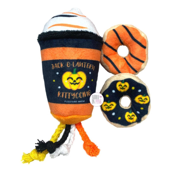 FuzzYard Jack-O-Lantern Frothy Kittyccino FuzzYard Brew & Donuts Halloween Crinkle Plush 3-Pc Catnip Cat Toy Set