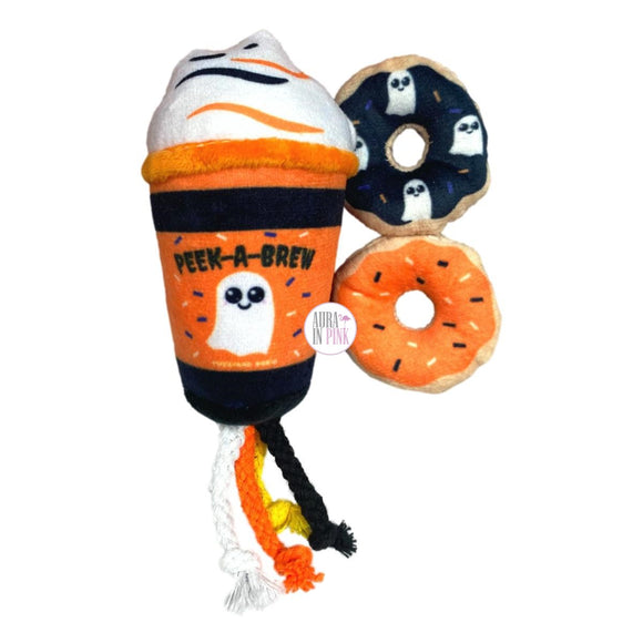 FuzzYard Peek-A-Brew Frothy Kittyccino FuzzYard Brew & Donuts Halloween Crinkle Plush 3-Pc Catnip Cat Toy Set