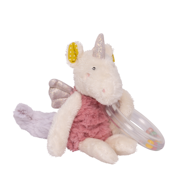 Galipette Lilou & Perlin Babyrassel-Ringspielzeug aus ultraweichem Plüsch mit geflügeltem Einhorn in Creme und Rosa