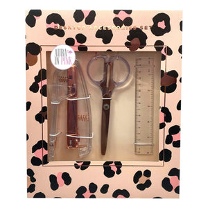 Glam Rose Gold & Clear Desktop Accessories Set In Pink Rose Gold Leopard Print Packaging - Stapler, Scissors, Ruler