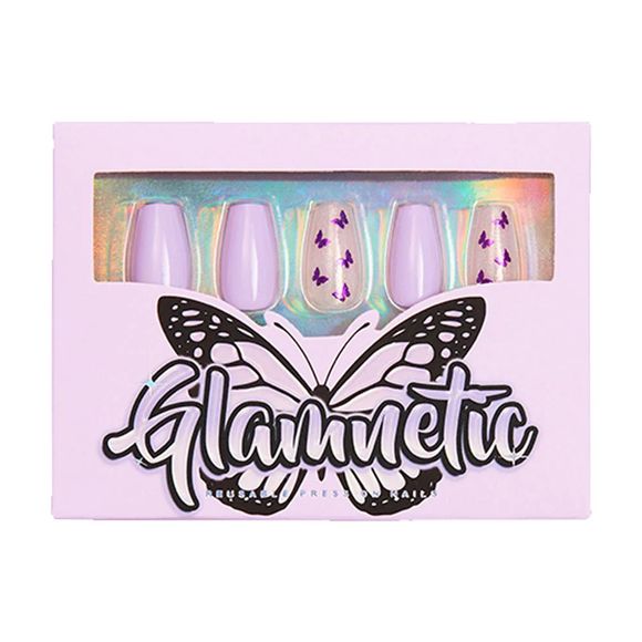 Glamnetic – Mariposa – Fliederfarbene Schmetterlinge – Wiederverwendbare Aufklebnägel mit Sargspitze, mittelgroß