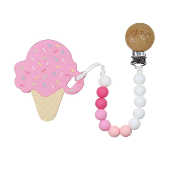 Glitter & Spice Strawberry Sprinkles Ice Cream Cone Silicone Baby Teether w/Beaded Clip