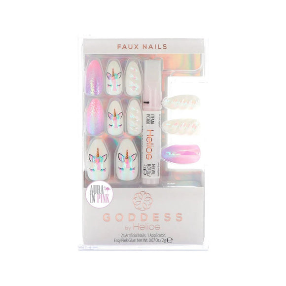 Goddess By Helios Iridescent Pink & White Unicorn Almond Tip Faux Nails Kit