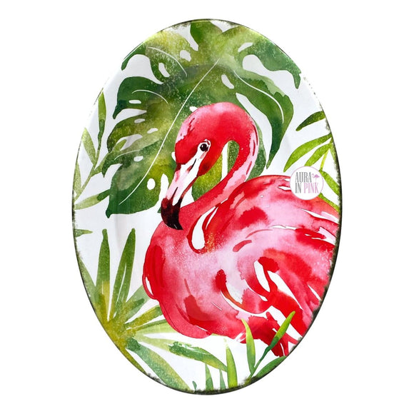 Wunderschönes großes ovales Tablett aus Melamin mit Flamingo-Motiv, rosa