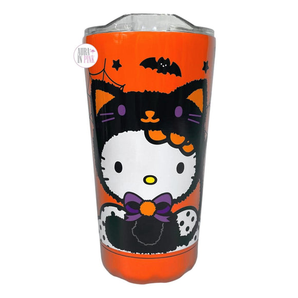Hello Kitty von Sanrio Halloween Schwarze Katze Orange Edelstahl Isolierter Reisebecher mit Deckel