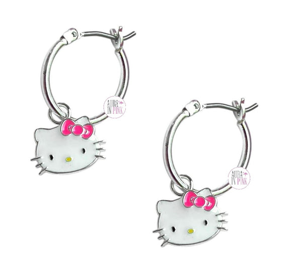 Hello Kitty von Sanrio – Hello Kitty-Gesicht – Rosa Schleife – Lizenzierte, fein versilberte Creolen mit Emaille-Verzierung