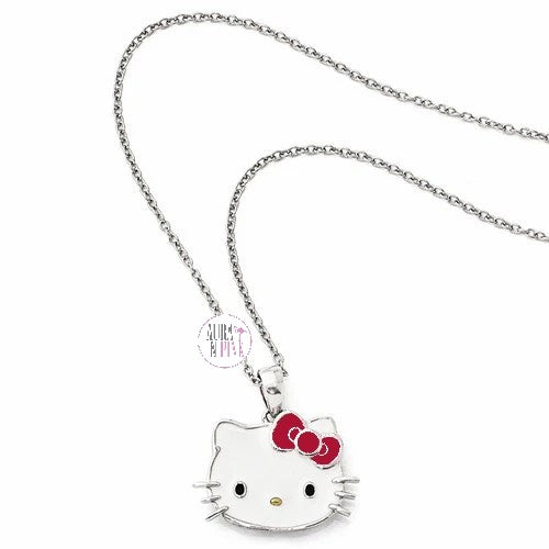 Hello Kitty von Sanrio – Halskette mit Anhänger „Hello Kitty Face“ und roter Schleife, lizenziertes Emaille, fein versilbert