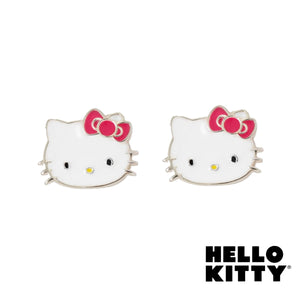 Hello Kitty von Sanrio – Ohrstecker mit Hello Kitty-Gesicht und roter Schleife, lizenziertes Emaille, fein versilbert