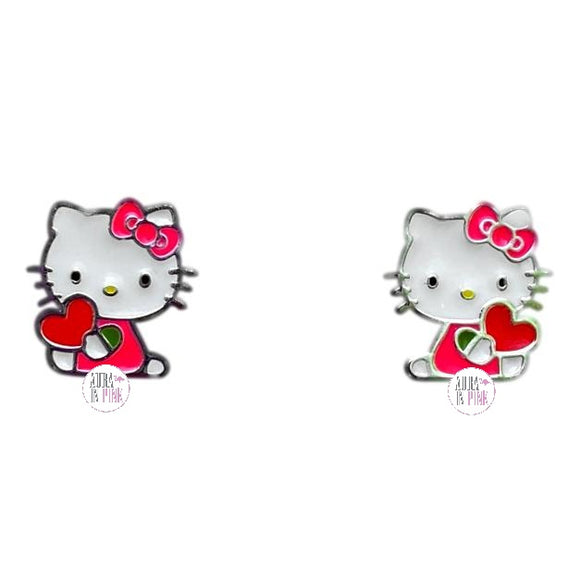 Hello Kitty von Sanrio – Hello Kitty hält ein rotes Herz – lizenzierte Ohrstecker aus Emaille, fein versilbert