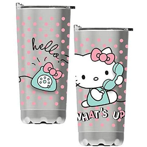 Hello Kitty von Sanrio „What's Up Telephone“ – doppelwandiger Trinkbecher aus Edelstahl mit rosa Punkten und Deckel