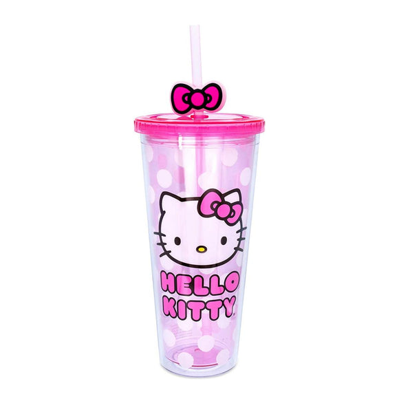 Hello Kitty von Sanrio – Doppelwandiger Becher mit Deckel und Schleife und Strohhalm, weiß, gepunktet, rosa
