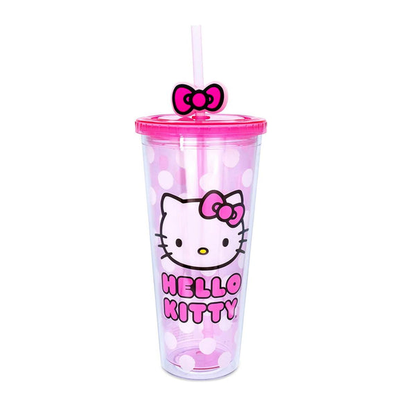 Hello Kitty By Sanrio White Polka Dot Pink Double Wall Tumbler w/Lid & Bow Topper Straw