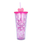Hello Kitty By Sanrio White Polka Dot Pink Double Wall Tumbler w/Lid & Bow Topper Straw